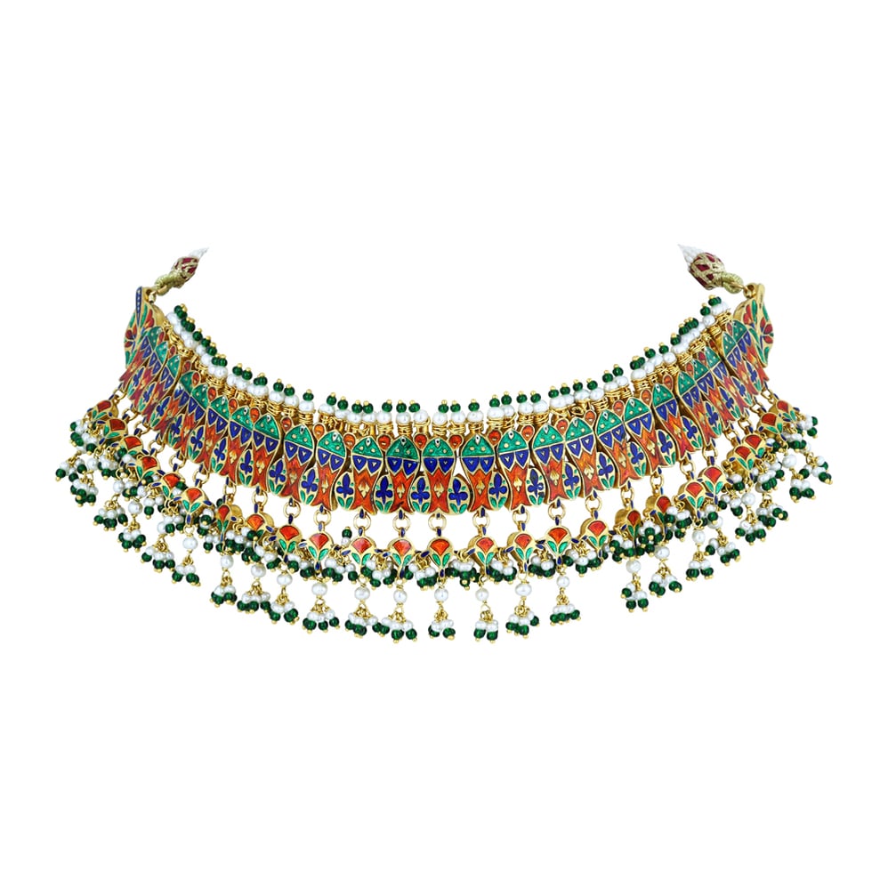 Red-Green Enamel Polki Choker with Green Beads and Pearl Clusters